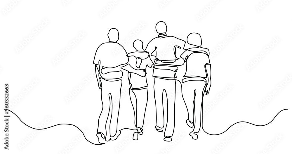 Poster continuous line drawing of friends hugging each other - png image with transparent background