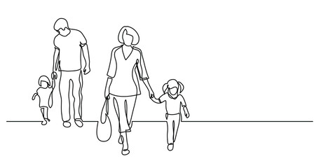 continuous line drawing of family of four walking on street holding hands - PNG image with transparent background