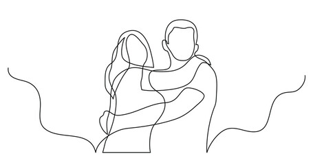 continuous line drawing of happy couple of man and woman hugging each other - PNG image with transparent background
