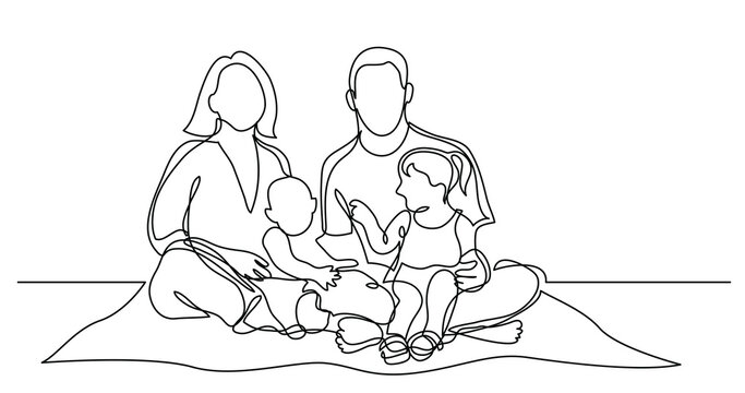 continuous line drawing of family of four sitting on picnic blanket in park - PNG image with transparent background