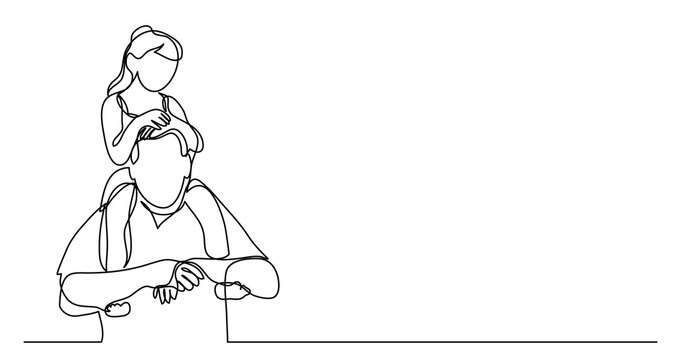 recommend clip art: continuous line drawing of happy father carying his girl on his shoulders - PNG image with transparent background