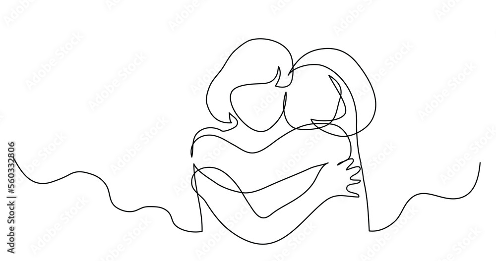 Poster continuous line drawing of two girls hugging each other - png image with transparent background