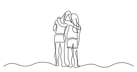 continuous line drawing of two teenage girls hugging each other - PNG image with transparent background