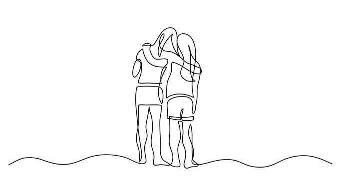 continuous line drawing of two teenage girls hugging each other - PNG image with transparent background