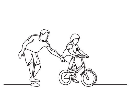 one line drawing father helping child drive bike - PNG image with transparent background