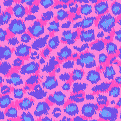 Psychedelic pink leopard vector seamless pattern. Animal skin texture in retro 1980 - 1990's fashion style, trendy neon colors, abstract shape. Design for textile, wrapping paper, greeting cards.