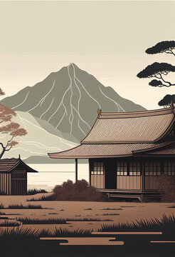 Japanese Minimalist Simple Traditional Landscape. Generative AI.