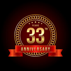 33th Anniversary. Anniversary logo design with gold color text and red ribbon for anniversary celebration event. Logo Vector Illustration