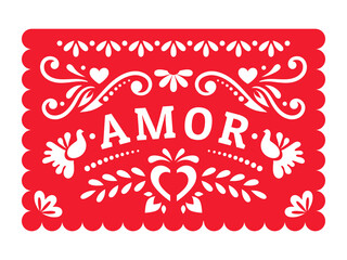 Papel Picado with floral design, birds and hearts for the Mexican holiday. Fiesta wedding decoration.