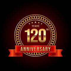 120th Anniversary. Anniversary logo design with gold color text and red ribbon for anniversary celebration event. Logo Vector Illustration