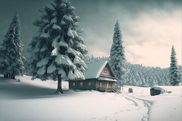 Snow covered small house, snowy landscape in the mountains. AI generative