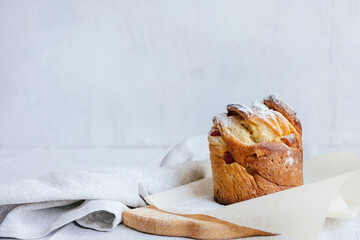 Easter cake cruffin on a gray background.