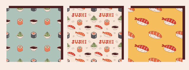 Vector set of seamless patterns with japanese food in retro style. Onigiri, soy sauce, wasabi, philadelphia roll and maki sushi. Retro collection of backgrounds with asian food 70s. © Ulyana Mo