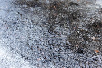 Thin ice surface on frozen puddle, background photo texture