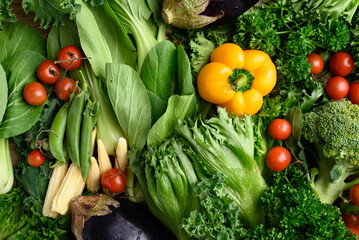 Fresh organic vegetables from local farmers market, Sustainability concept, Table top view