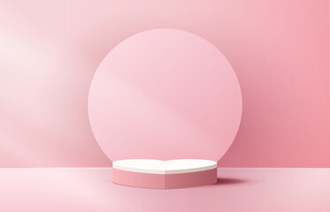 Pink podium display background products for valentine’s day in love platform. stand to show cosmetic with craft style. symbols of love for happy. vector design.