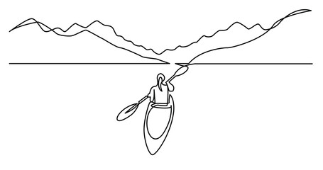continuous line drawing of woman kayaking on beautiful lake waters - PNG image with transparent background