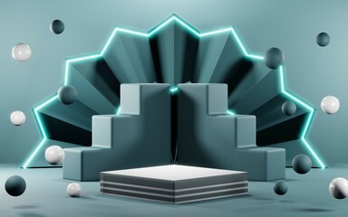 3D render of pastel template soft blue minimal podium background for show products on pastel podium