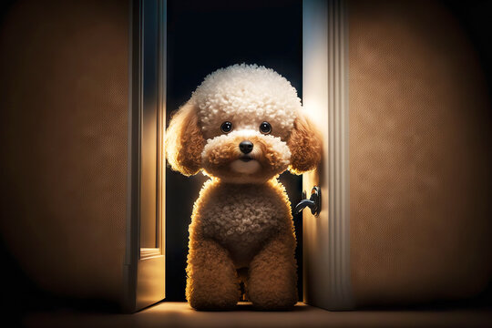 Running Out From Behind Door Cute Fluffy Puppy Little Poodles On Blurry Background