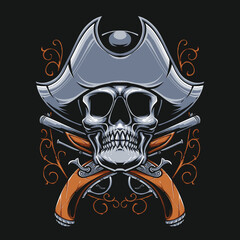 skull pirates with vintage gun illustration