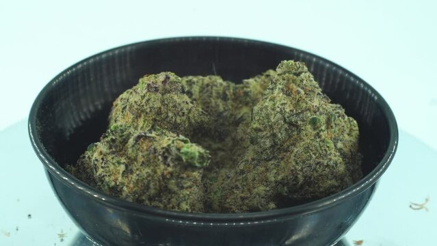 Close up shot of a Marijuana sativa Super Lemon Amnesia Haze rock flowers, yellow, green and purple Kush, on a reflecting 360 rotating stand, in a black shiny bowl, Slow motion 4K video