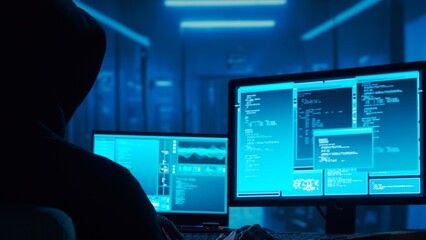 Computer Hacker in Hoodie. Obscured Dark Face. Concept of Hacker Attack, Virus Infected Software, Dark Web and Cyber Security. © Acronym