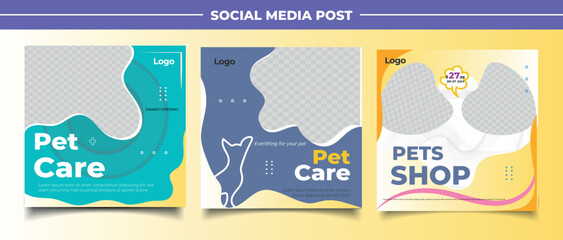 Pet shop social media post template design with photo collage.	