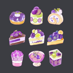 Grape Desserts Cake Vector Set Hand Drawn Watercolor Vector Illustration