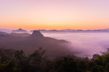 The light and shadow of the view in the mist The first sunlight shines through the fog and the trees. Winter landscape in the morning in Thailand.