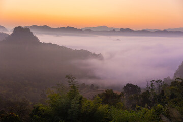 The light and shadow of the view in the mist The first sunlight shines through the fog and the trees. Winter landscape in the morning in Thailand.