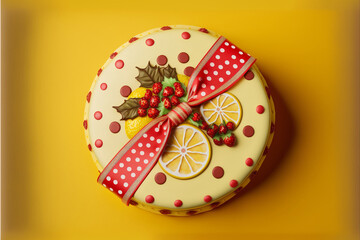 3D Render, Top View of Beautiful Fruit Cake With Red Dots Ribbon On Yellow Background.
