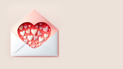 3D Render of Soft Color Paper Hearts Inside Envelope.