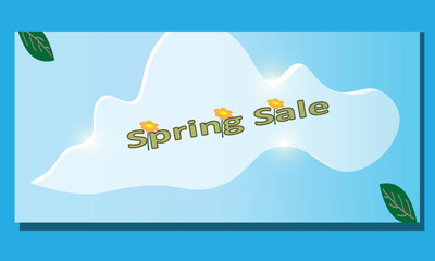 Spring Sale Banner Template with Blue Background, Cloud and Light, Flower, and Editable Text