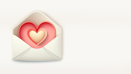 3D Render Of Paper Cut Heart Shape Inside Envelope In Pastel Color.