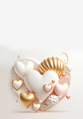 White and Golden Heart Shapes, Clay Model, 3D Render. Happy Valentines Day Banner with Text Space.