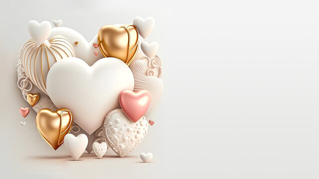 3D Rendering Heart Shapes In White, Golden, Pink Color. Creative Romantic Composition.
