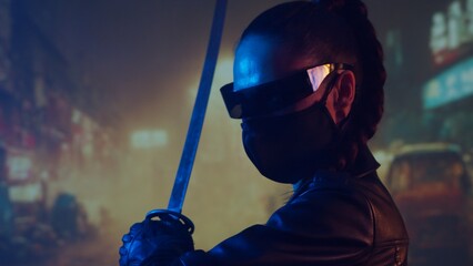Cyberpunk ninja girl in a mask and with a katana. Beautiful female samurai woman on the background...