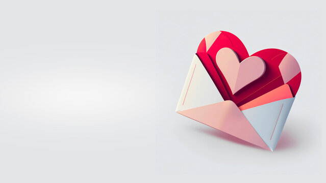 Happy Valentines Day Concept with Paper Heart Shapes and Envelope. Banner Design with Text Space.