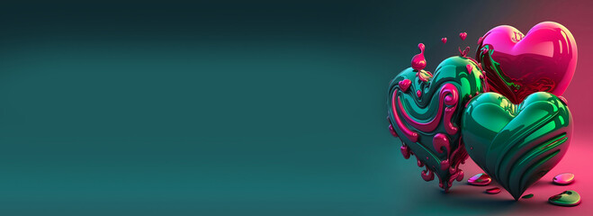 Glossy Liquid Hearts In Green And Pink Color.