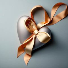 3D Render of Glossy Silver Heart Shape Wrapped With Golden Silk Ribbon.