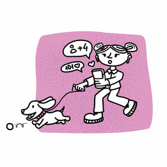 a young girl walks with a dog who runs after a ball at the same time checks the social network sketch for an article in a magazine