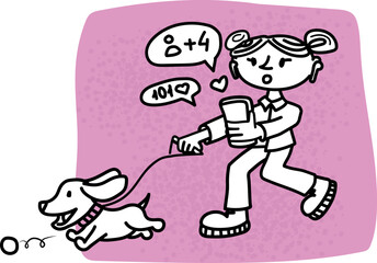 a young girl walks with a dog who runs after a ball at the same time checks the social network sketch for an article in a magazine