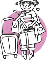 a happy girl with bags after shopping goes on a flight with a suitcase sketch for a magazine