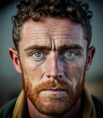 Generative ai portrait adult ginger bearded man looking camera serious and pensive