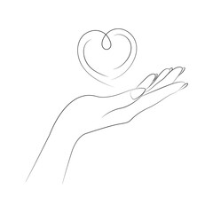 Outline drawing female hand with heart. Black linear sketch isolated on white background.