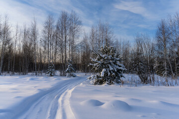 Winter forest landscape with deep snow, snowdrifts and a road going around a bend. Russia, Ural.