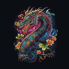 Asian dragon art illustration design. Neon floral dragon on black background. 2024 calendar symbol. Generative AI