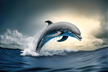  a dolphin jumping out of the water in the ocean with a cloudy sky background and a blue ocean wave with a dolphin jumping out of the water in the ocean with a blue sky and.