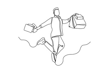 Continuous singe one line drawing art of happiness man holding paper shopping bags. Vector illustration of shopper big sale consumerism concept