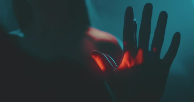 Man and woman press hands together 
